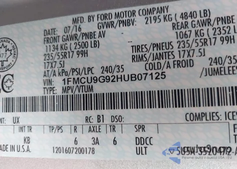 2017 Ford Escape Se z USA, uszkodzony, nr VIN 1FMCU9G92HUB07125